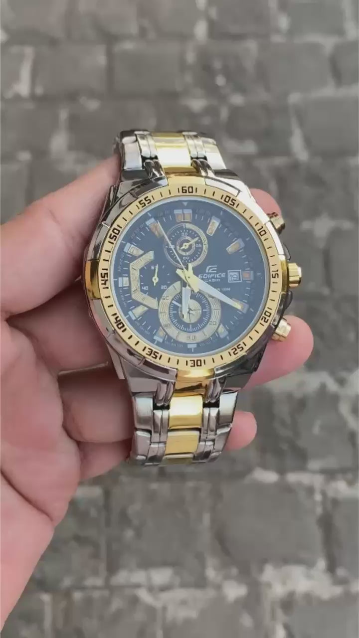 Casio Edifice EFR-539D-1AVUDF Analog black Dial Men Watch Silver gold  Metal Strap (EX191)